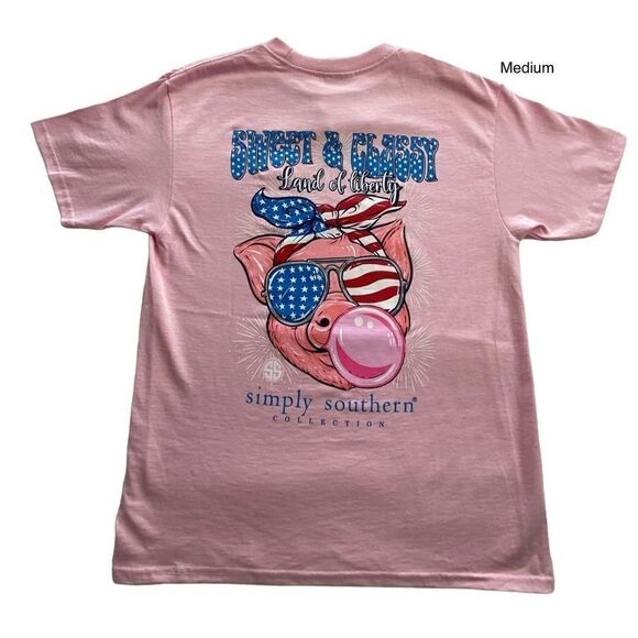 SIMPLY SOUTHERN WOMEN’S MEDIUM Sweet & Classy - Land of Liberty Pig USA Pink Tsh - Picture 1 of 9